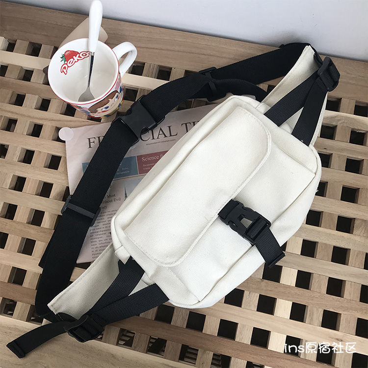 Riñoneras de estilo Harajuku para mujer, Canvans de carga combinables, a la , sencillas, Ulzzang, carteras para estudiantes, bolso diario: white