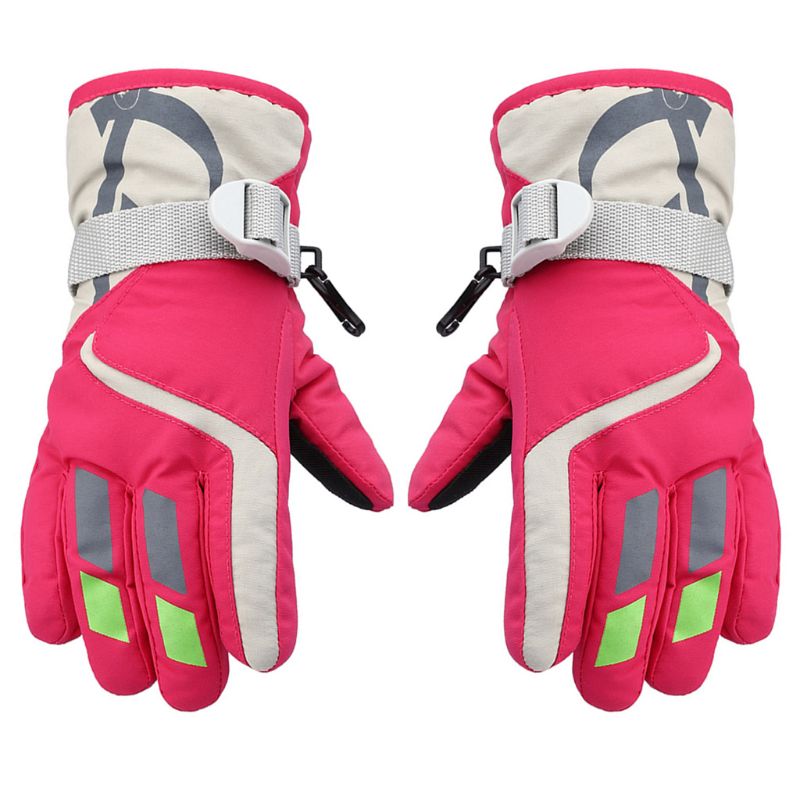 Children Boys Girls Winter Warm Windproof Sports Ski Gloves Kids Breathable Adjustable Glove: Rose red