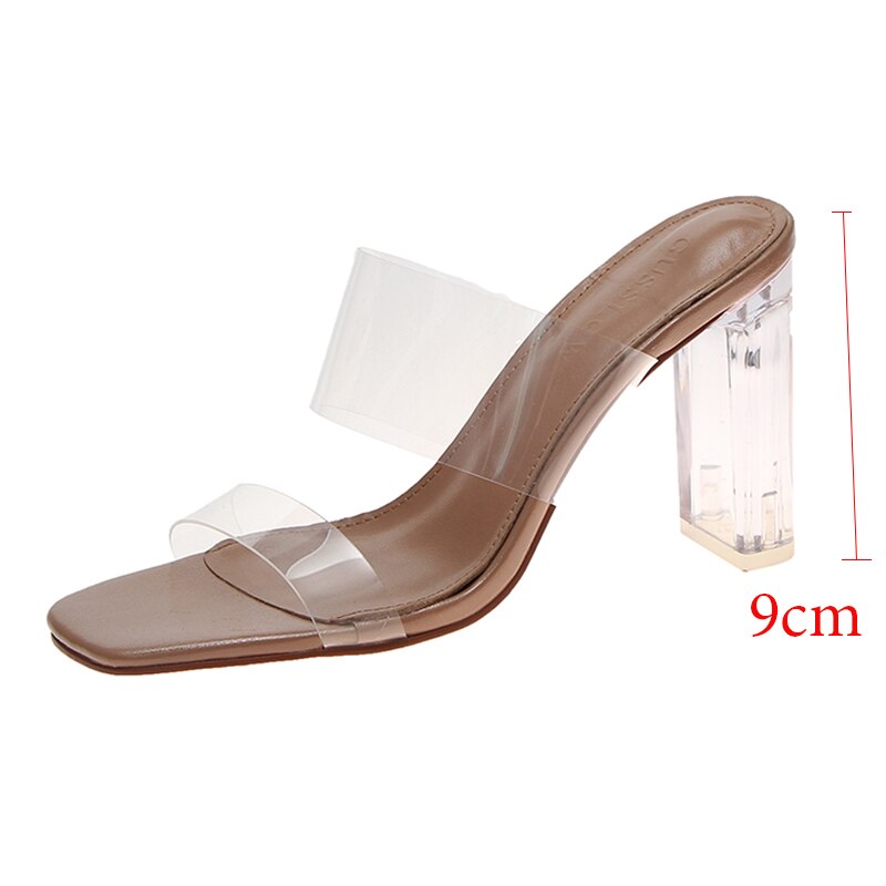 Klare hæle hjemmesko kvinder sandaler sommersko kvinde gennemsigtige hjemmesko høje hæle pumps bryllup sandal zapatos de mujer: 9 cm hæl / 6.5