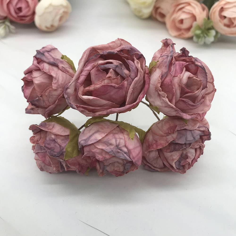 Guirnalda diy de 6 piezas de simulación, tocado de bosque, capullo de té europeo, borde , flor de seda Rosa retro, material de decoración de brotes: Morado