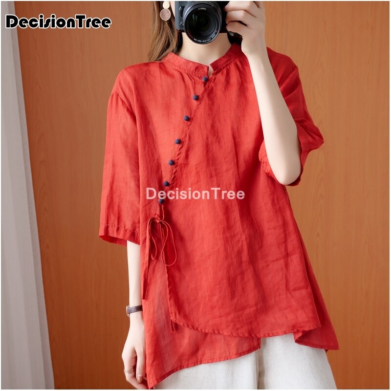 2022 Vrouwen Hanfu Tops Chinese Katoen Linnen Qipao Shirt Chinese Stijl Traditionele Vrouwen Rode Tang Pak Losse Hanfu Blouse