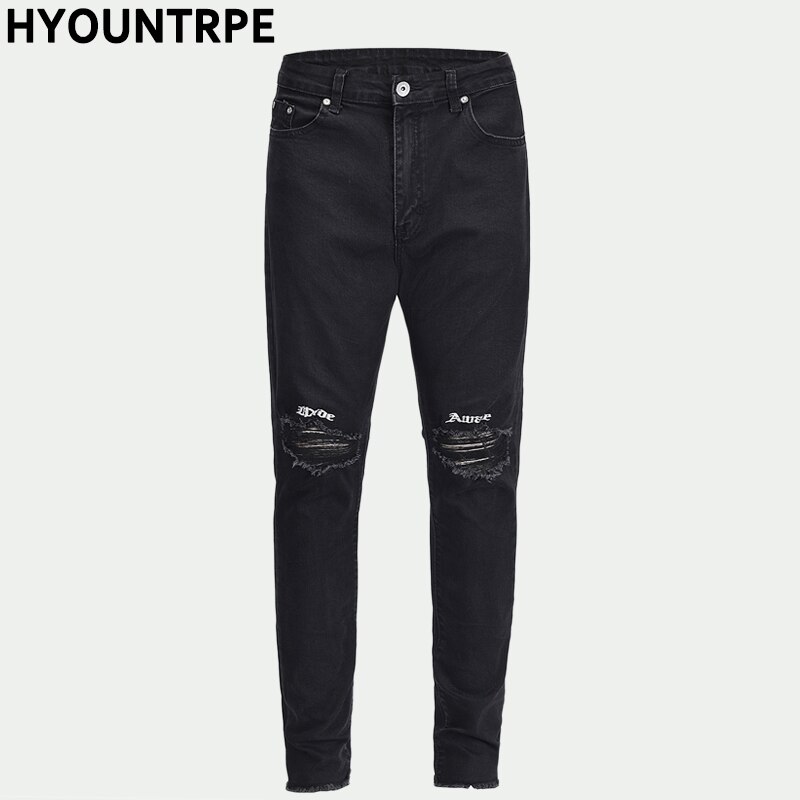 Pantalones vaqueros rasgados bordados hasta la rodilla para hombres Hip Hop skinny de motorista pantalones vaqueros rotos con cinta Slim Fit pantalones vaqueros negros Jogger: XXL