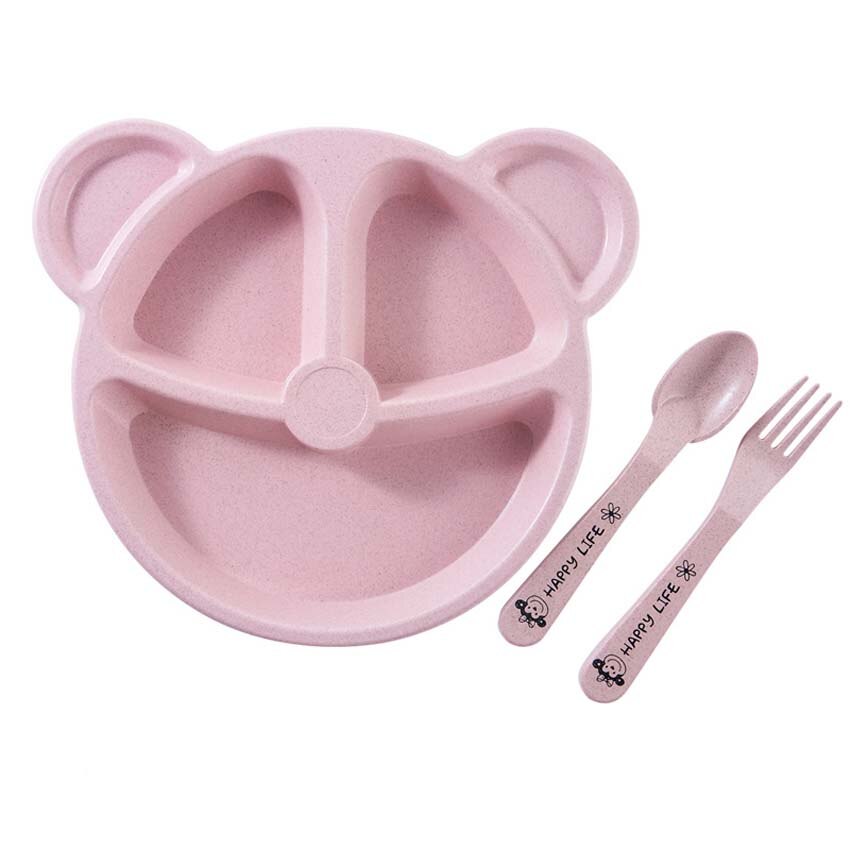 Cartoon Baby Dishes Wheat Fiber Sub-grid Plates Irregular Children Tableware For Infant Toddler Kids Feeding Utensils: Pink Bear Set