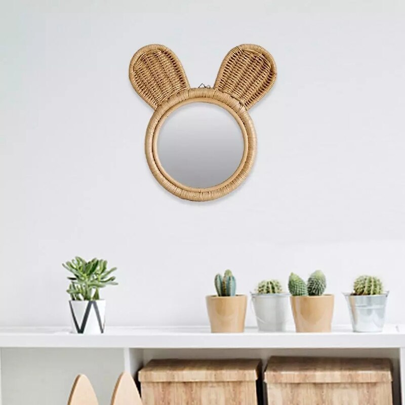 Wall-Mounted Mirror Handmade Natural Rattan Makeup Mirror Cute Monkey Shape Mirror Home Bathroom Decoration