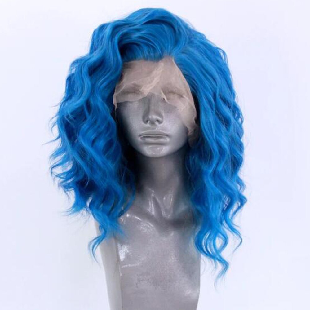 FANXITON Short Wave Pink High Temperature Heat Resistant Synthetic Lace Front Wigs Glueless For Women Wigs: Blue / 12inches