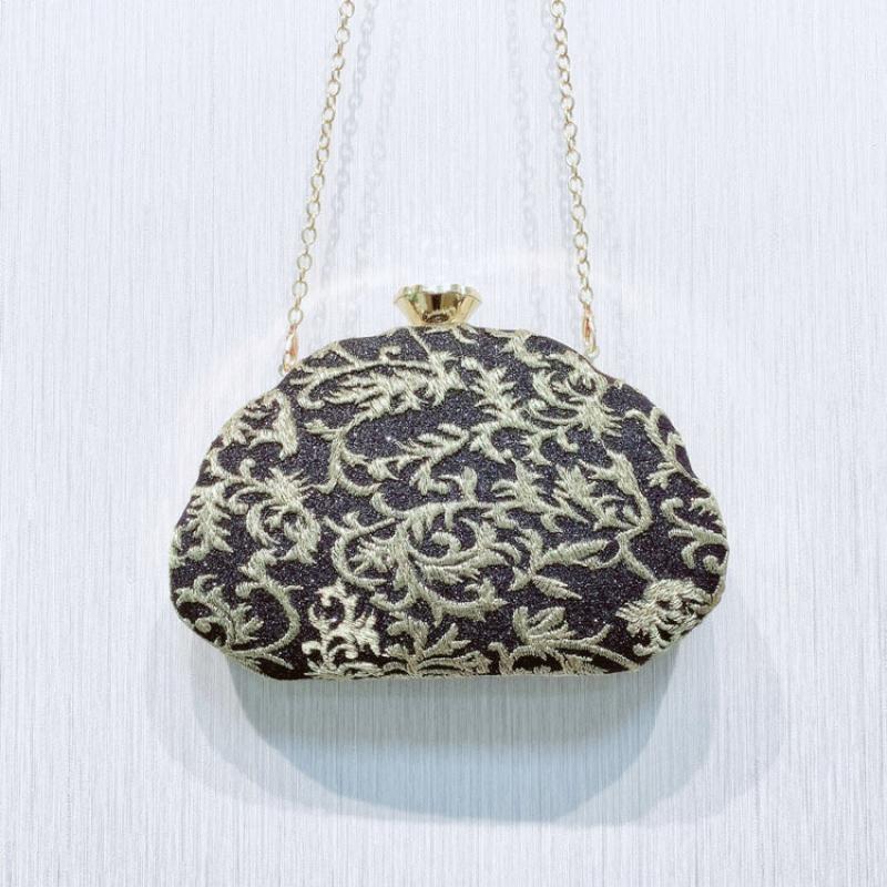 Damen-clutch, bestickte ovale schultertasche mit kette, retro-vintage-clutch, trendige tasche für hochzeiten und partys: Schwarz