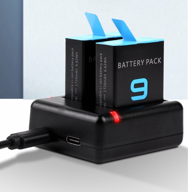 1720 mah hero 9 full decode -akku+micro usb/c-tyypin kaksoislaturi gopro hero 9: lle, musta ladattava litiumioniakku