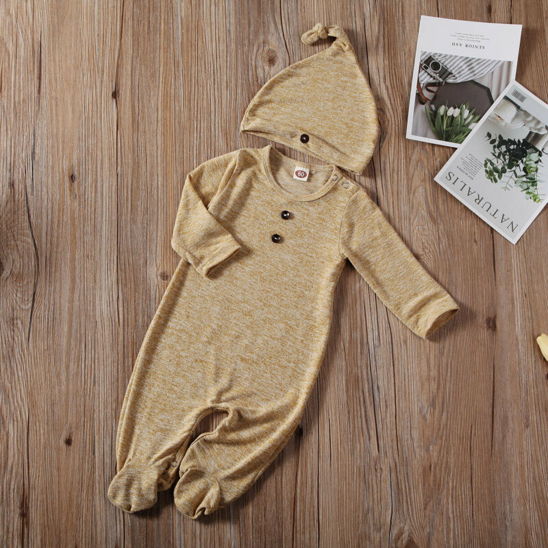 Pasgeboren Baby Baby Kids Jongen Meisje Knop Lange Mouwen Footies Jumpsuit Hoed 2 stuks Lente Herfst Outfits set Kleding