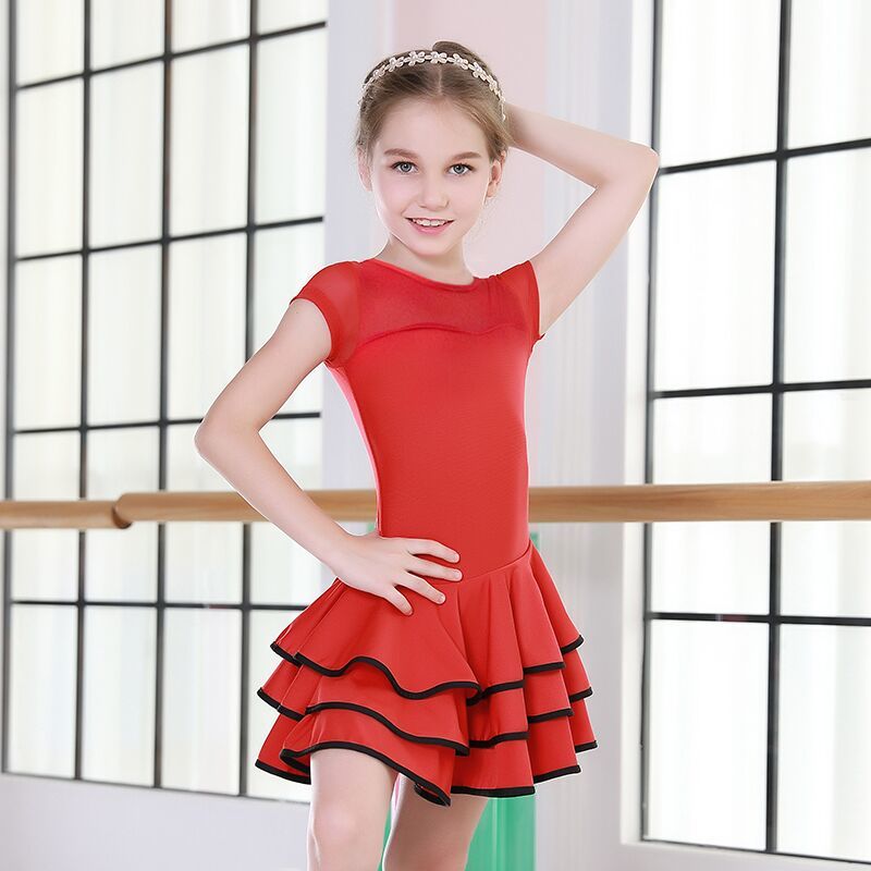 red ruffle ballroom latin dance dress girls kids competition children salsa tango rumba samba performance dancing practice skirt