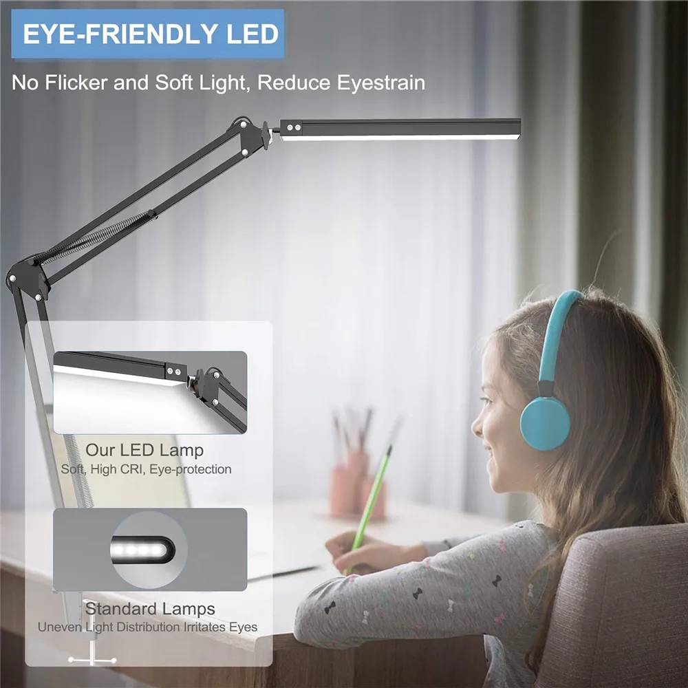 Study LED Table Lamp with Clamp School Computer Desk Lamps Folding Office Light 10 Brightness Dimmable