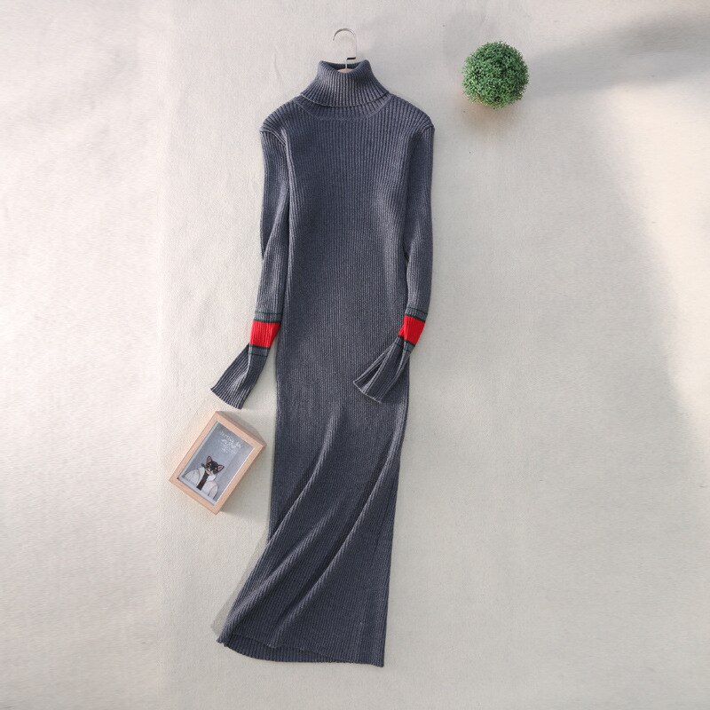 Autumn-Winter Women's Knitted Dress Fashionable sexy long dress with long sleeves and high collar: Dark grey