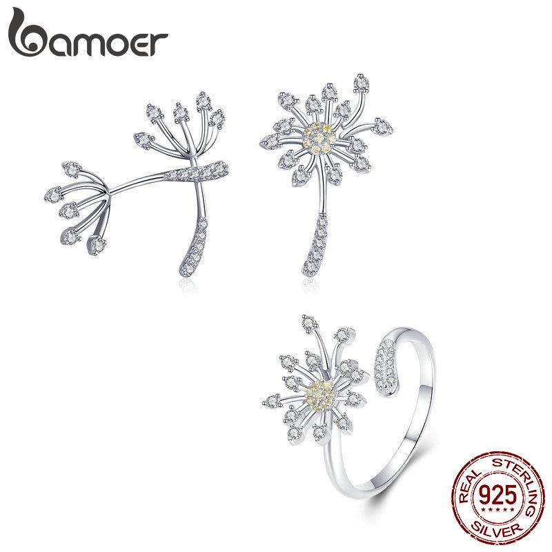 BAMOER Authentische 925 Sterling Silber Blühenden Löwenzahn Liebe Blume Klar kubisch Zirkon Schmuck setzt Frauen Silber Schmuck ZHS088