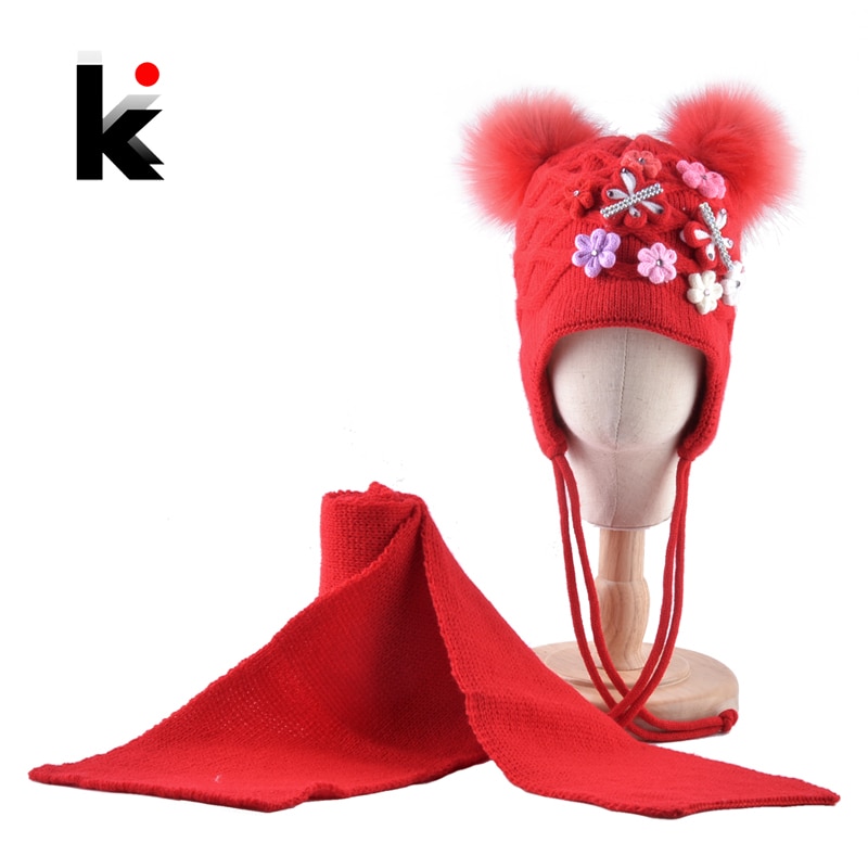 Vinter hatt scarf set för barn härliga pomponger stickad mössa baby flickor tjock stickad fjäril blommor öron klaff mössa barn