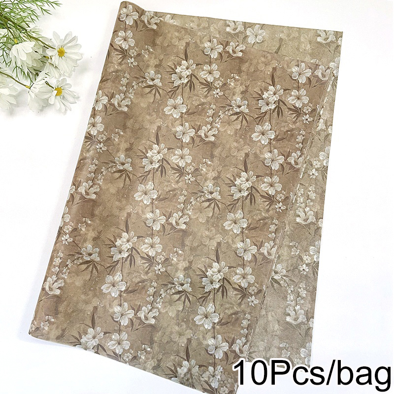 10 ark blomstermønstret silkepapir blomster med grønne blade vinflaskepåfyldningspapir festivalemballagepapir: Lysegrøn