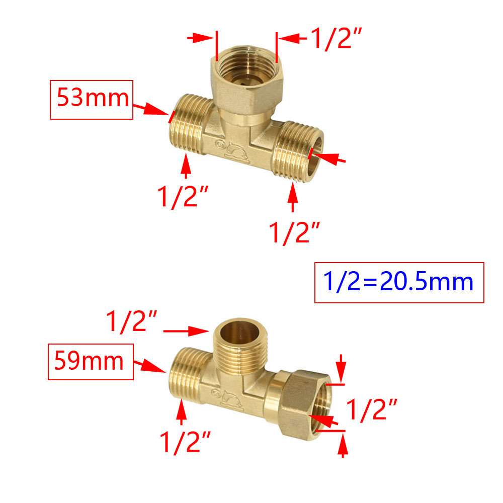 1/2 Inch Thread Tee Connector Brass T-Shaped 2-Way Water Splitter Copper Plumbing Adapter For Kitchen And Bathroom 1pcs