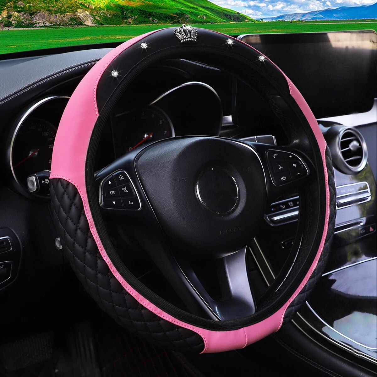 corona di diamanti artificiali in pelle per auto senza anello interno Coprivolante Accessori per auto Dimensioni volante 14,5-15 pollici: Colore rosa