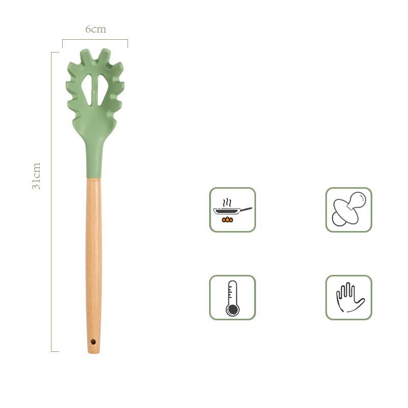 Avocado Green Silicone Utensils Cooking Kitchenware Tool Set With Wooden Handle Non-Stick Spatula Ladle Egg Beaters Shovel: D