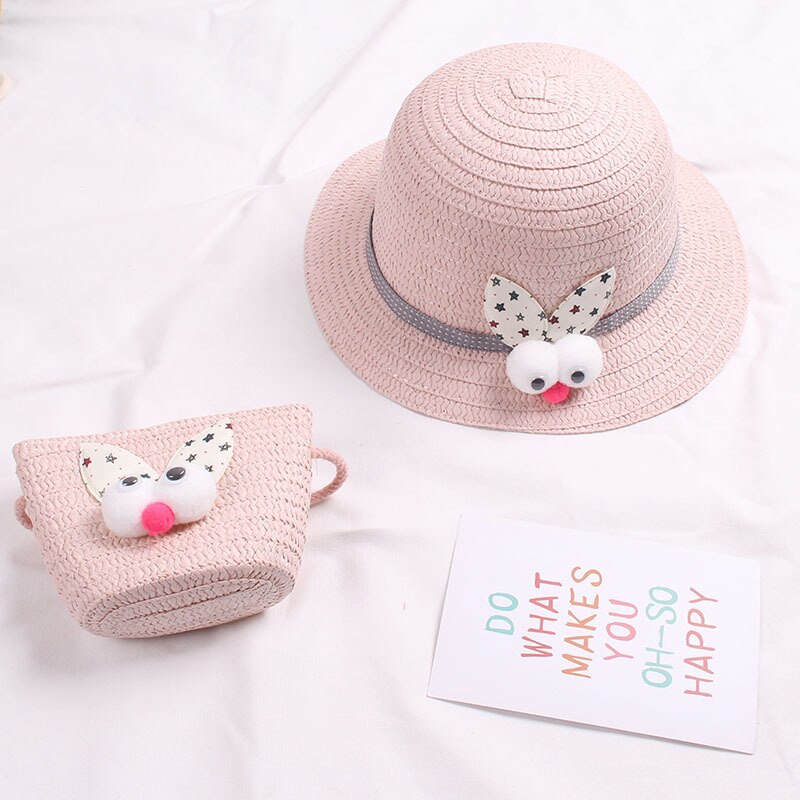 Zomer Baby Bloem Ademend Strohoed Met Handtas Tassen Kids Hoed Jongen Meisjes Zonneklep Uv-bescherming Panama Hoed gorras: 2-light pink