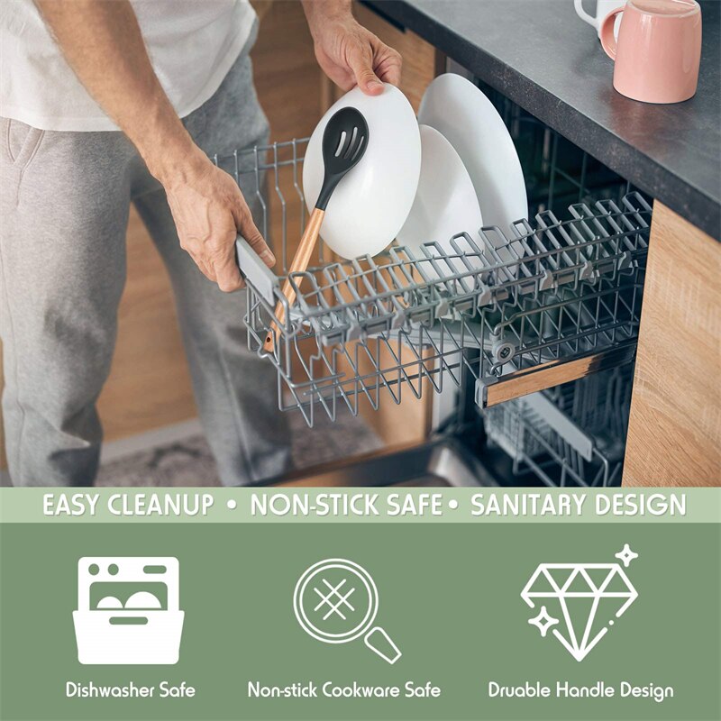 Non-Stick Silicone Spoon With Wooden Handle Slotted Serving Spoon Heat-Resistant Cooking Utensil Soup Spoons For Kitchen Baking