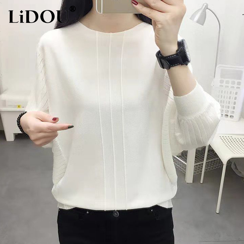 Herfst Winter Elegante Mode Effen Eenvoudige Trui Dames Batwing Mouw Losse Casual Wild Breien Trui Top Vrouwen Jumper