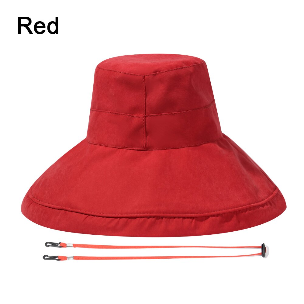 Women Bucket Hat Foldable Portable Outdoor Anti-UV Beach Sun Hat Big Visors With Windproof Rope Spring Summer Fisherman Cap: Red