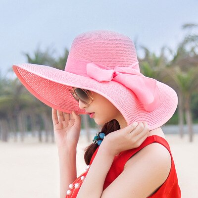 Women Ladies Summer Hats Straw Hats Bow Beach Foldable Sun Hats: Soild Pink