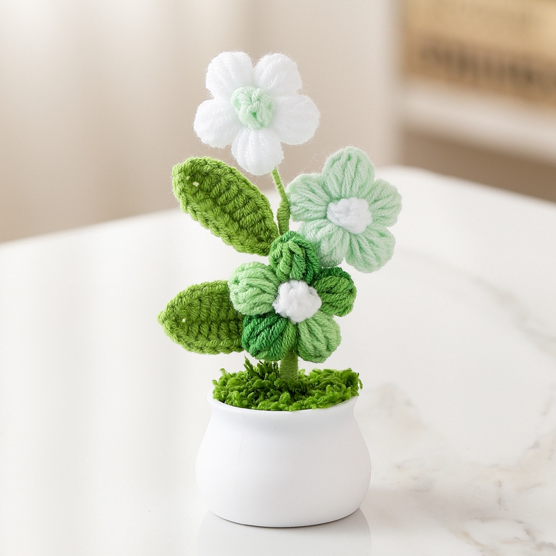 Plantas en macetas pequeñas de ganchillo hechas a mano, bonita flor de simulación, decoración Interior de escritorio para oficina y coche, de flores artificiales