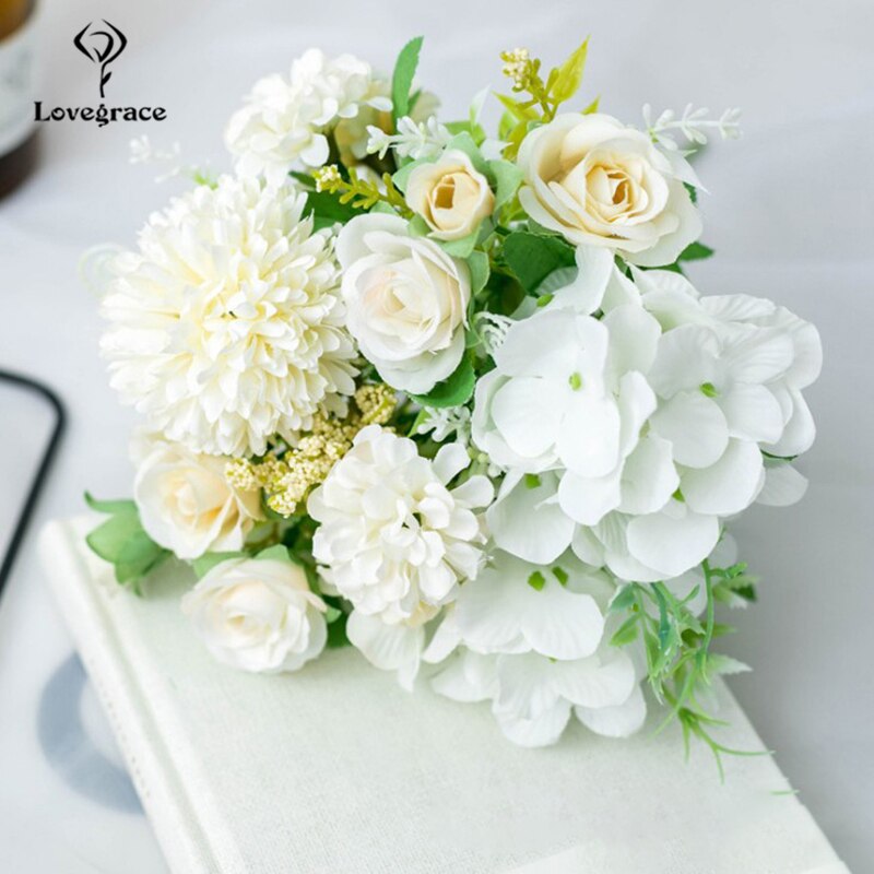 Bouquet de mariage Lovegrace soie artificielle Rose pivoine fleur mariée Bouquet Rose hortensia pompon bourgeon vanille épi fourniture de mariage: rose-white