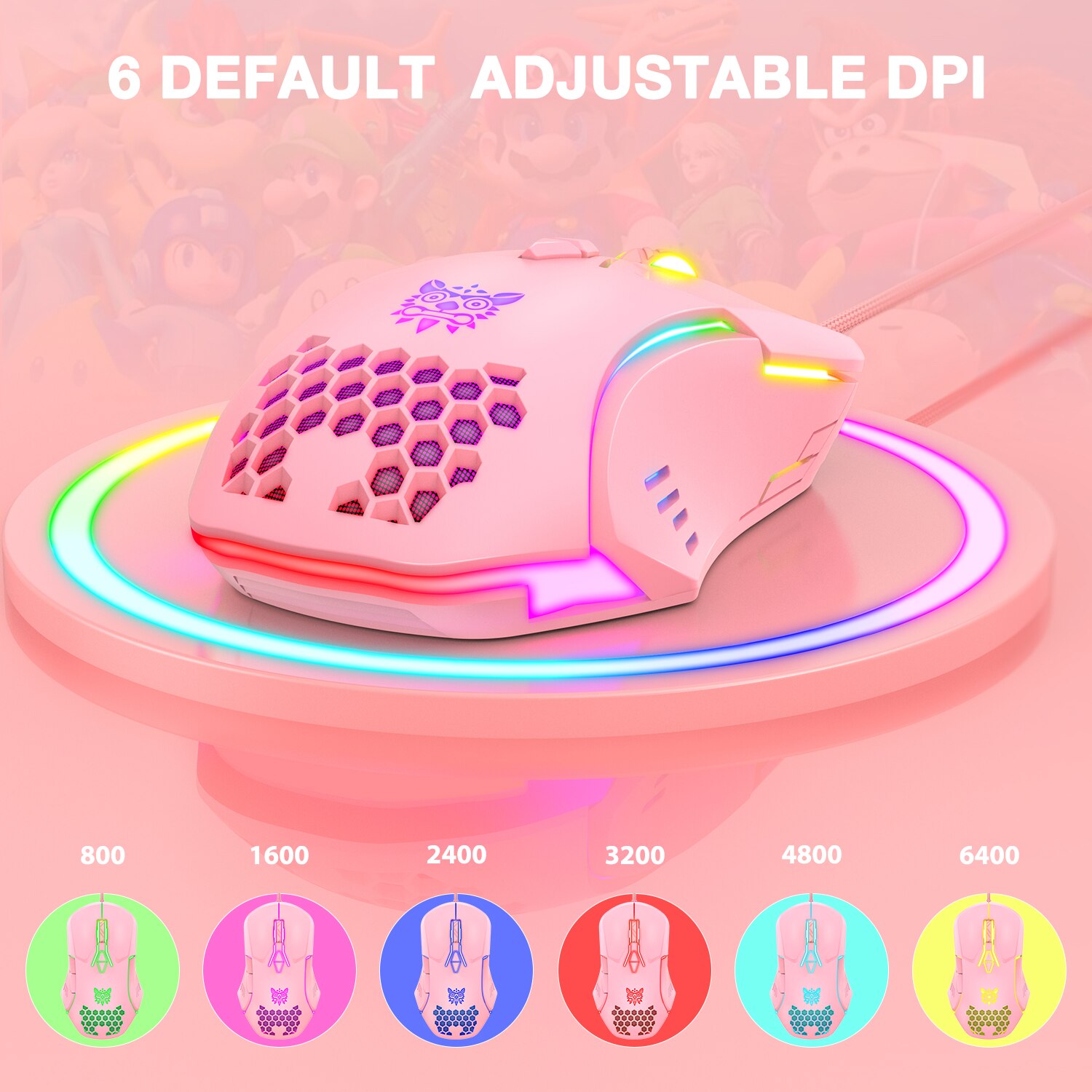 ONIKUMA CW902 Wired Gaming Mouse Cute Pink RGB 6400 DPI Optical Ergonomic USB Mice For PC Laptop Computer