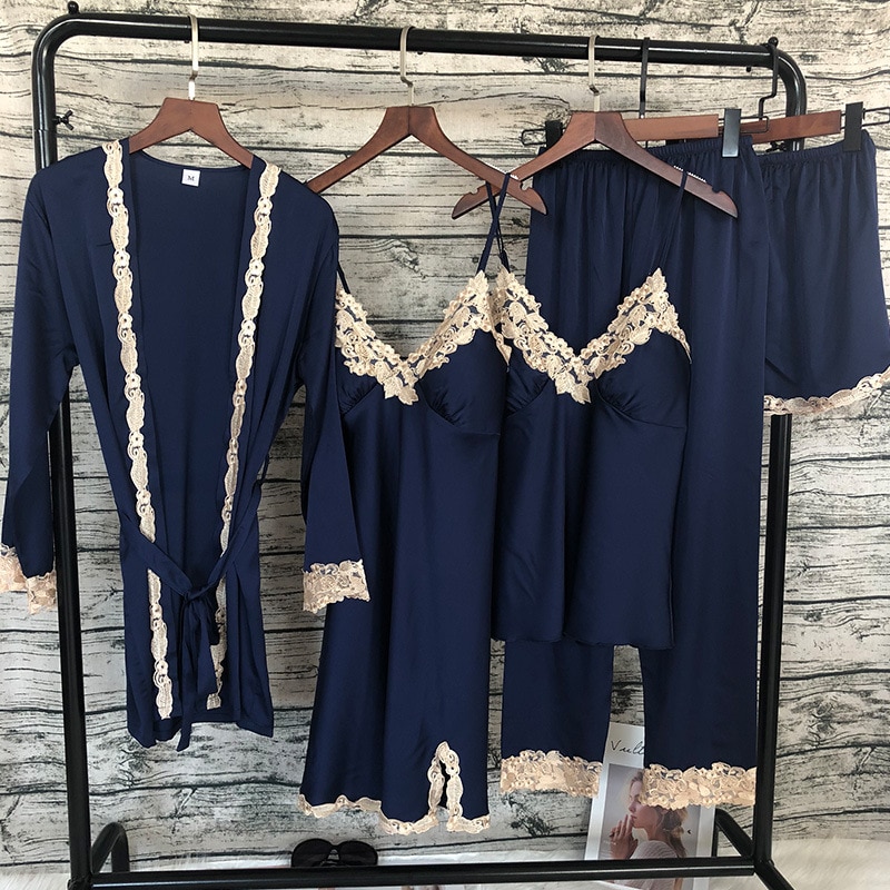 Kvinder satin nattøj 5 stykker pyjamas sexet blonde pyjamas sove lounge pyjamas silke nat hjemmetøj pyjamas jakkesæt