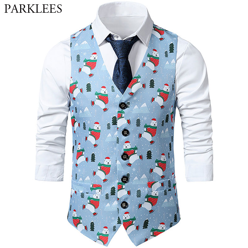 Estampado de Papá Noel traje de hombre chalecos Feliz Navidad chaleco hombres de Navidad baile traje chalecos chaleco Homme Cosplay hombres ropa