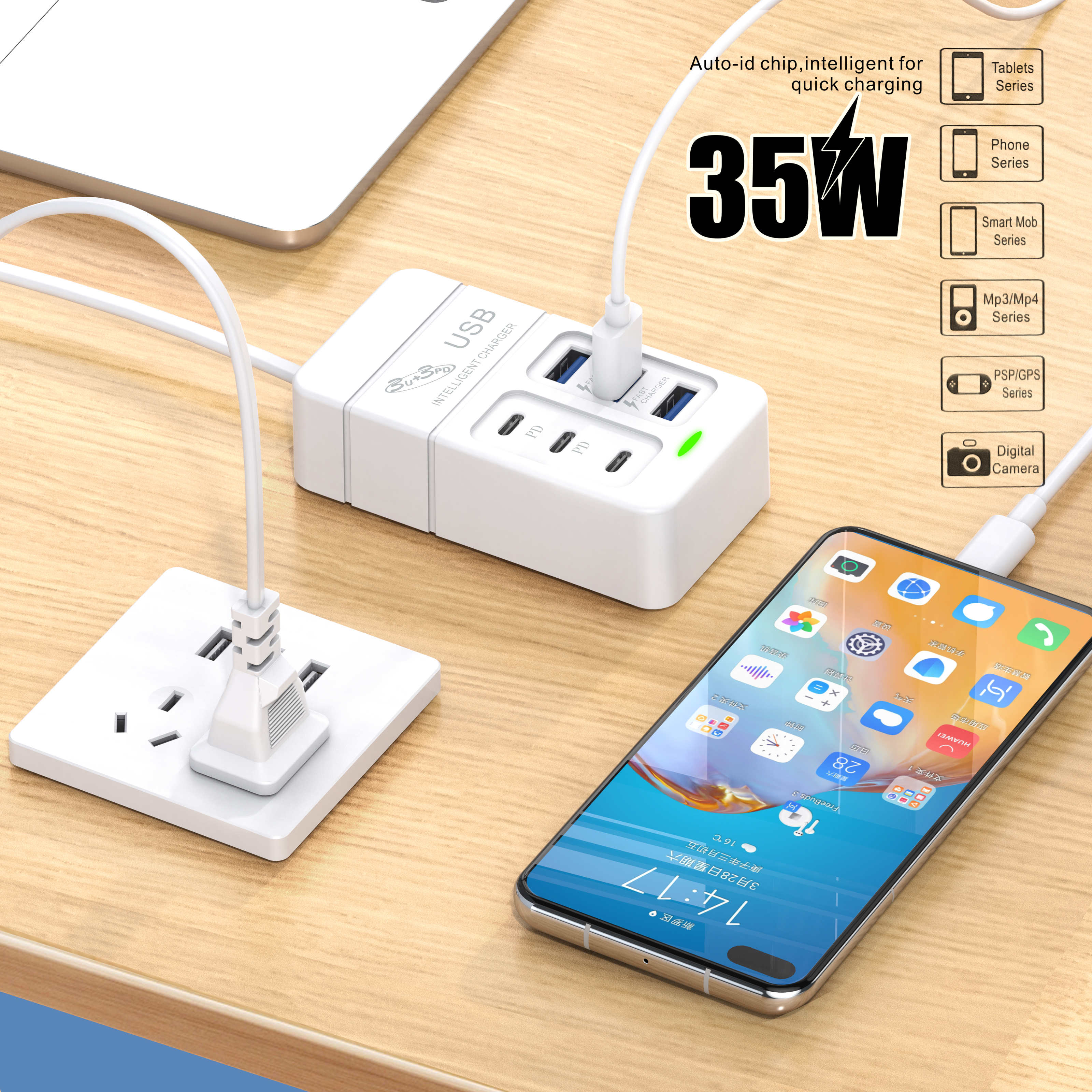 6 in 1 USB-oplader 35W PD Type C snellader oplader wandtelefoonadapter snellader 3.0 USB-hub EU-stekker US-stekker USB-oplader