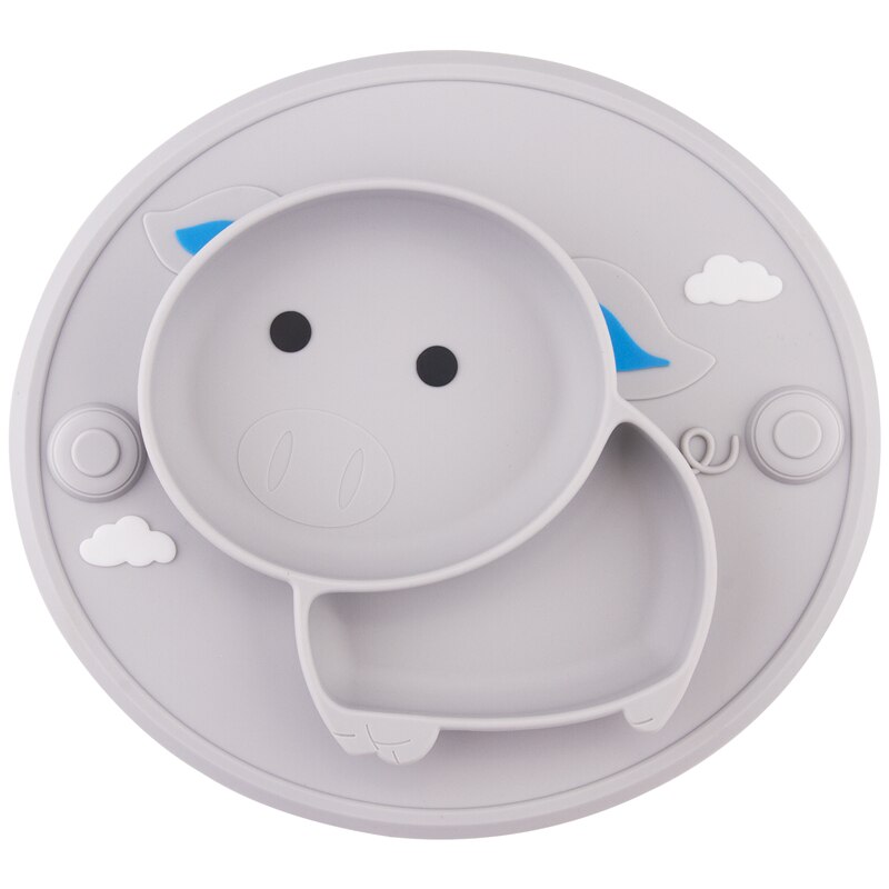 Qshare Baby Feeding Learning Bowl Cute Pig Silicone Suction Plate Placemat Kids Feeding Dinnerware Baby Food Dishes Pratos: Gray