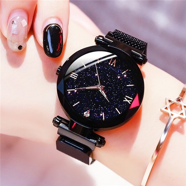 Reloj mujer luksus stjernehimmel kvinder ure magnetisk mesh bælte ur dame kjole armbåndsur zegarek damski: Sort