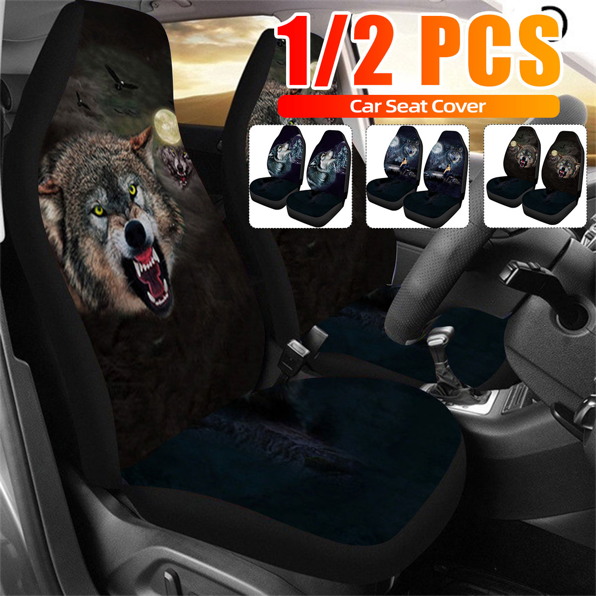 1/2Pcs 3D Wolf Printing Universele Auto Stoelhoezen Auto Styling Auto Seat Cover Auto Vol Seat Cover protector Interieur Accessoires