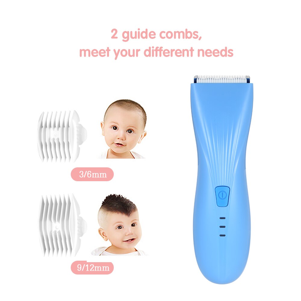 Baby elektrisk hårklipper genopladelig og lydløs 2 guide kam + hårklippeforklæde + svamp + rengøringsbørste + usb-kabel til småbørn