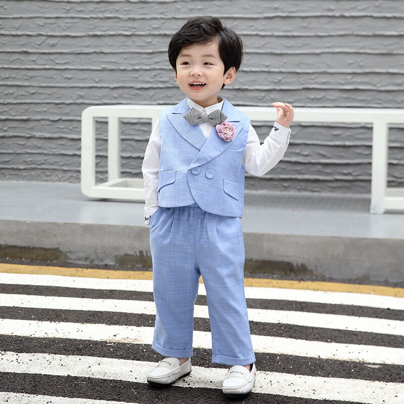 Spring Autumn Child Formal Dress Suit Set Boys First Birthday Party Performance Wedding Costume Kids Waistcoat Pants Clothing: blue vest pants / 5T