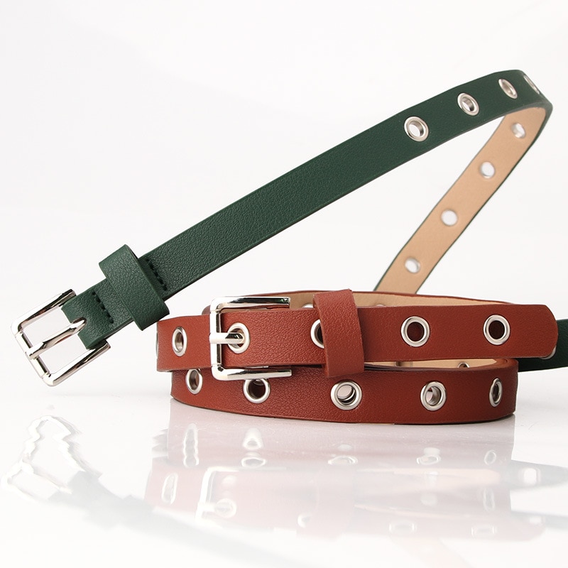 Vintage Punk Black Red Belts For Women Holes Hollow Leather Waist Belt Female Grommet Eyelet Thin Narrow Waistbelts Ladies
