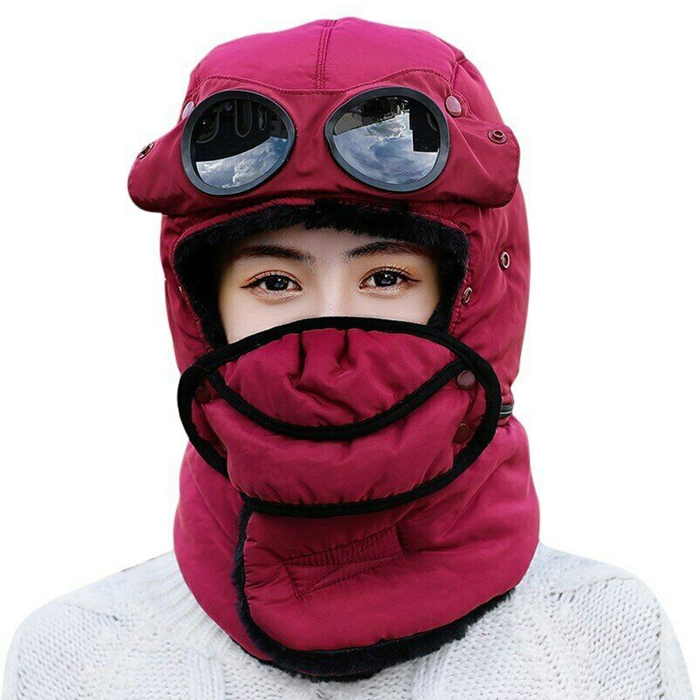 Thermal Winter Trapper Hat with Glasses Autumn Winter Cycling Windproof Outdoor Cap WHShopping: wine red