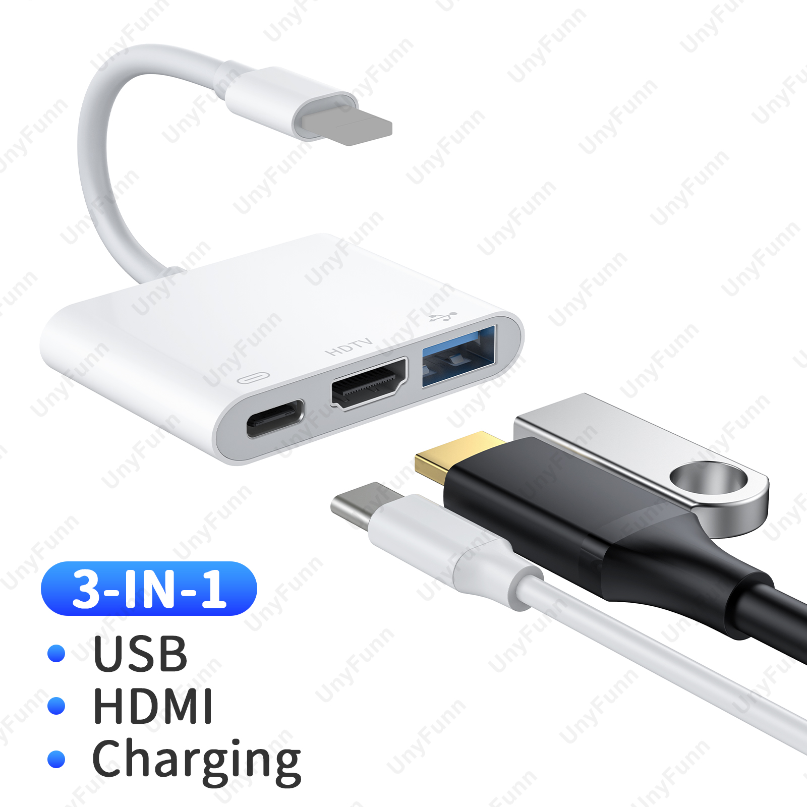 Adapter 3w1 HDTV do iPhone'a z portem ładowania Adapter iPhone do HDTV OTG do monitora TV Projektor Napęd USB Klawiatura MIDI Mysz: WHITE