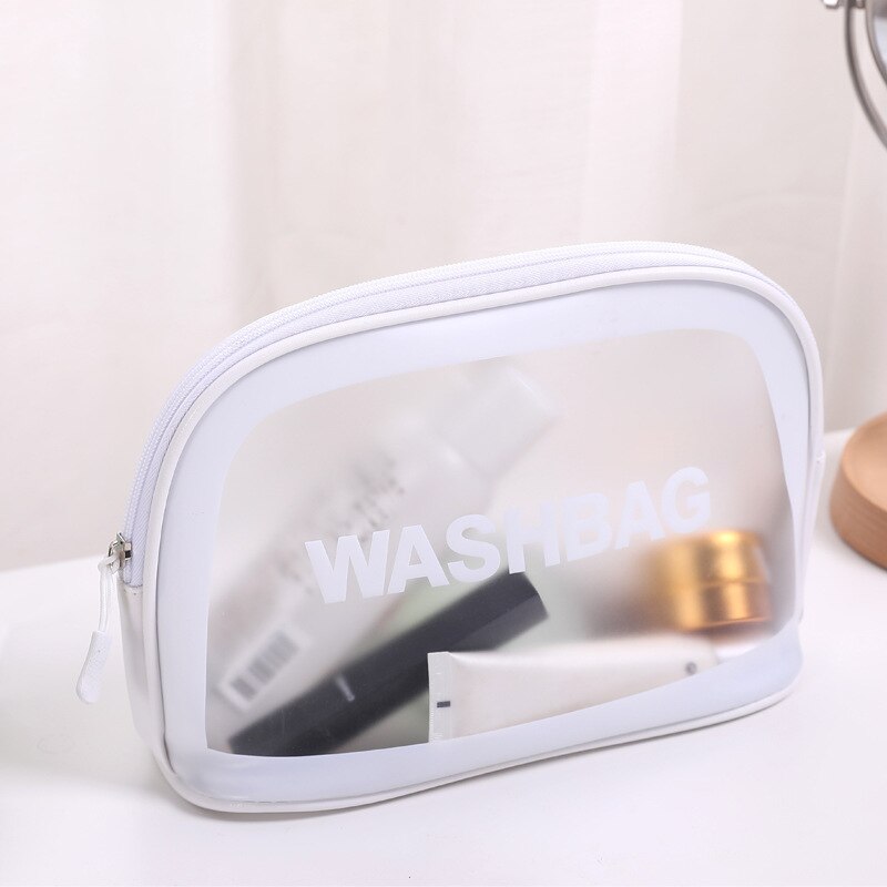 Stijlvolle brief toilettas pu make-up tas transparante reisorganizer toilettassen hoge capaciteit waterdichte dames cosmetische tassen: Witte halve cirkel