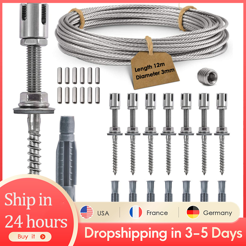Enrejado de acero inoxidable para plantas trepadoras, malla de pared verde, , completo, 8 Halters, 12m, cuerda de alambre, Kit de escalada