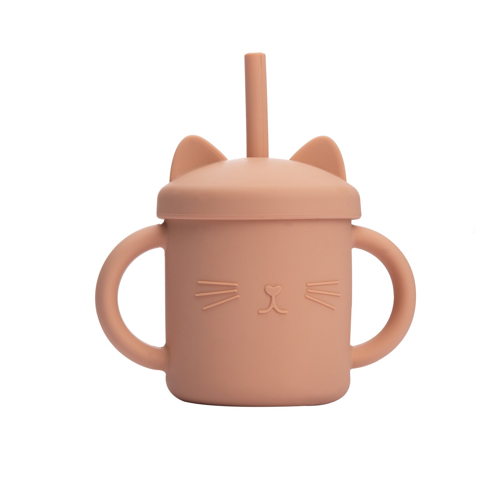 Vasos de silicona para alimentación de bebé, taza con dibujos de gato para niños pequeños, tapas sólidas con asa para beber: Khaki
