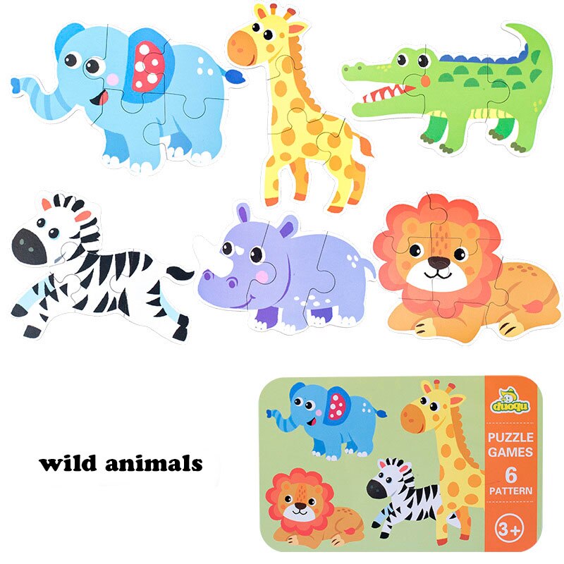 Montessori Baby Toy Card Puzzles Early Learning Educational Toy Cartoon Traffic Animal Fruit With Iron Box Kids Cognitive Puzzle: Wild animals