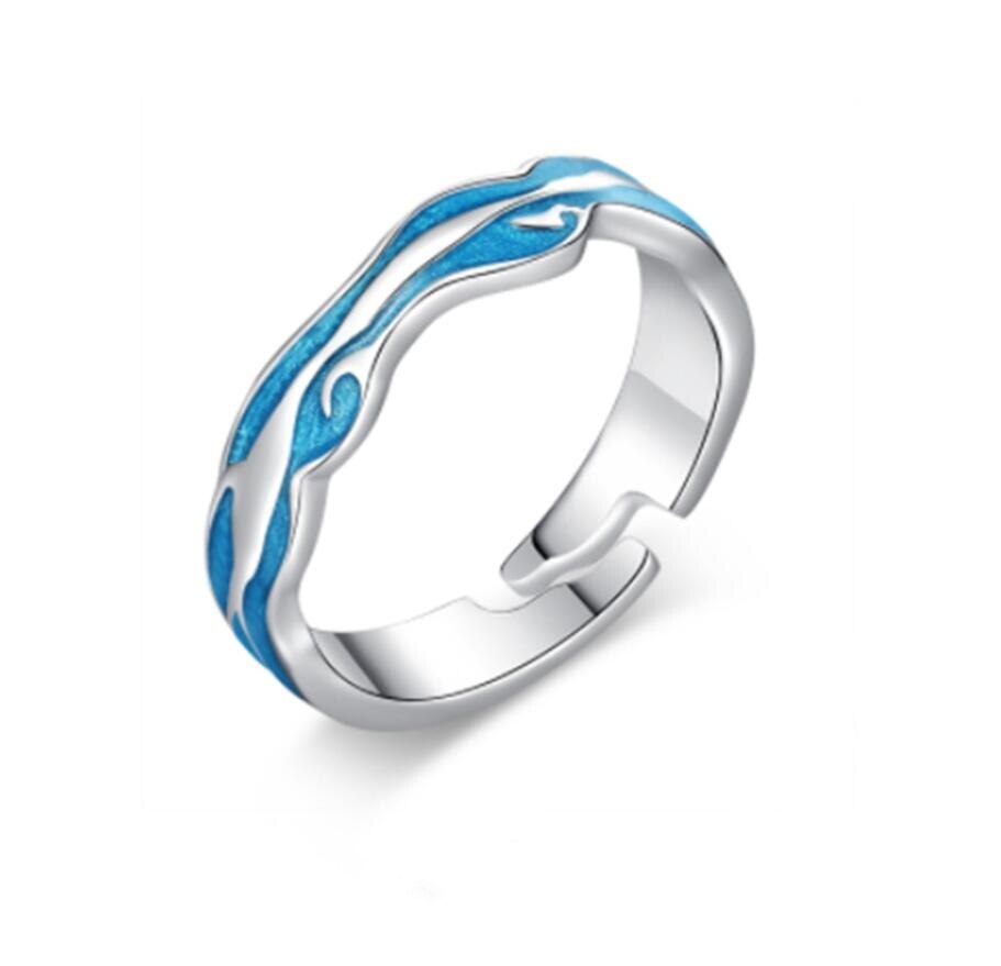 Sole Memory Blue Glaze Wave Couple Ring Sweet Romantic 925 Sterling Silver Female Resizable Opening Rings SRI454: Femae