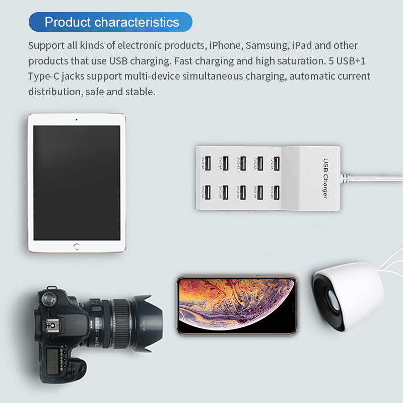 USB-laadstation, 10-poorts 50W / 10A Meerdere USB-laadstation Multi-poorten USB-oplader Opladen voor tablet Laptop Computerg