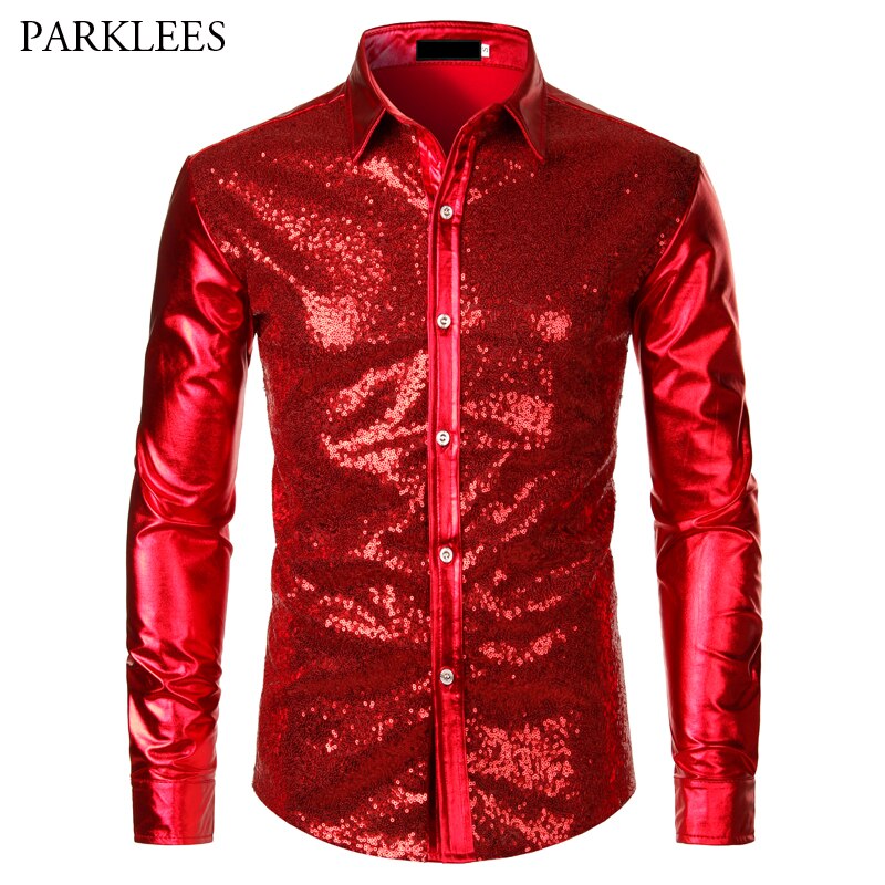 Camisas de escenario de plata metálica para hombre, ropa con lentejuelas embellecidas, Camisa Social para hombres, ropa Masculina para discoteca: red / USA XL