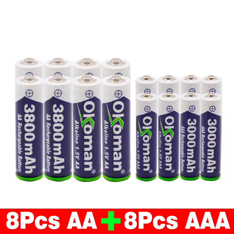 Okoman 1.5V AAA 3000mAh Alkaline Rechargeable battery + 3800 mAh AA Alkaline battery for LED light toy clock MP3 player: Blue