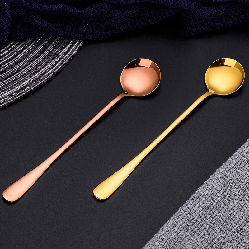 Colorful Stainless Steel Round Head Shaped Long Handle Spoon Flatware Drinking Tools Kitchen Gadget Coffee Fruit Teaspoon