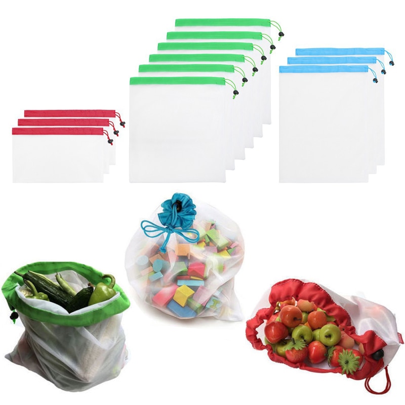 Bolsas de malla de algodón para verduras, bolsa de almacenamiento de malla de algodón reutilizable, para la compra de frutas y cocina, con cordón